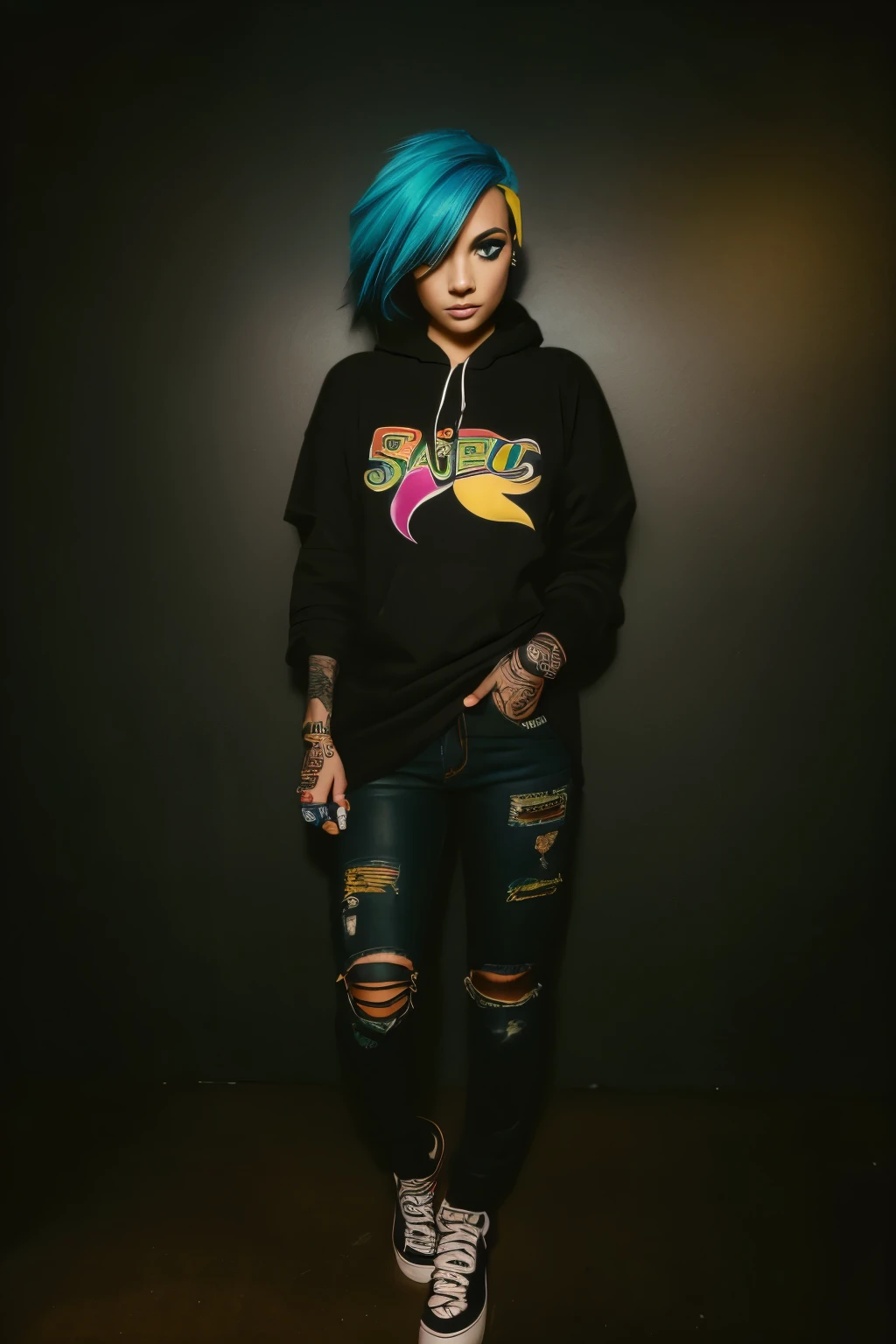 The most beautiful and sexy skateboard girl, rainbow colored hair, yellow eyes, wearing hoodie, graphic t-shirt, torn skinny jeans and highly detailed skateboard gear, tons of tattoos and piercings, highly detailed background, perfect masterpiece, high quality, high resolution