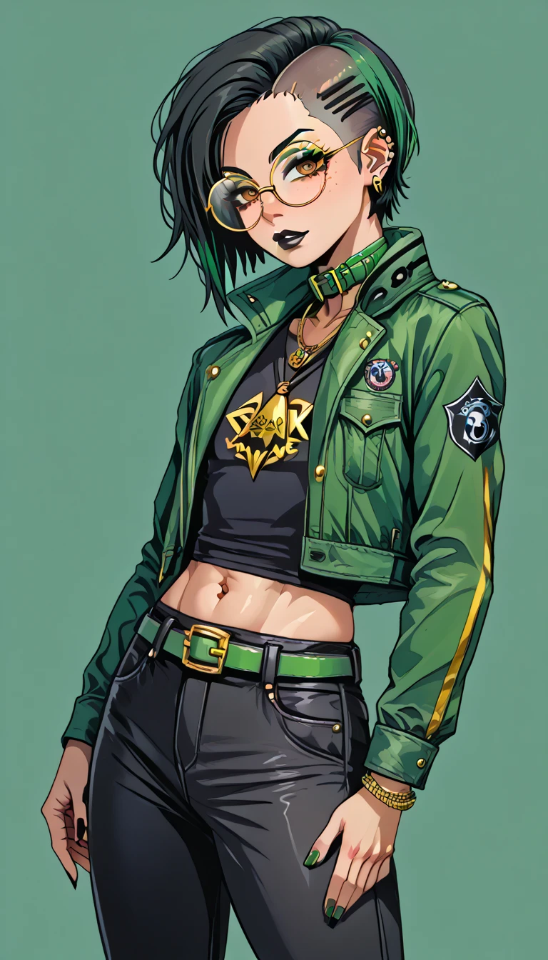 1boy;Androgynous;pure black punk undercut hair;gold eyes;freckled skin;toned,athletic body;black lip gloss;black eyeliner;green eyeshadow;sharp black nails;round glasses;black tight full shirt;black cargo pants;green belt;Green Canvas Jacket;Combat Boots;amber pendant;green collar;pierced ears;
