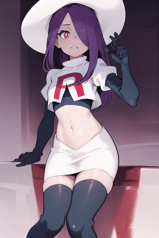 ((best quality)), ((highly detailed)), masterpiece, absurdres, (detailed eyes, deep eyes), (1girl), sucy_manbavaran, purple hair, long hair, hair over one eye, red eyes, makeup, eyeshadow, pale skin, small breasts, (sharp teeth), witch hat, team rocket,team rocket uniform,white skirt,red letter R,crop top,black thigh-highs,black elbow gloves