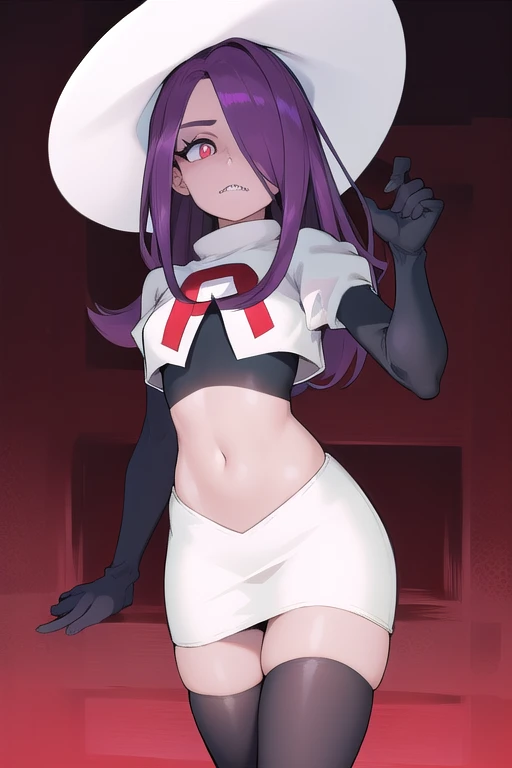 ((best quality)), ((highly detailed)), masterpiece, absurdres, (detailed eyes, deep eyes), (1girl), sucy_manbavaran, purple hair, long hair, hair over one eye, red eyes, makeup, eyeshadow, pale skin, small breasts, (sharp teeth), witch hat, team rocket,team rocket uniform,white skirt,red letter R,crop top,black thigh-highs,black elbow gloves