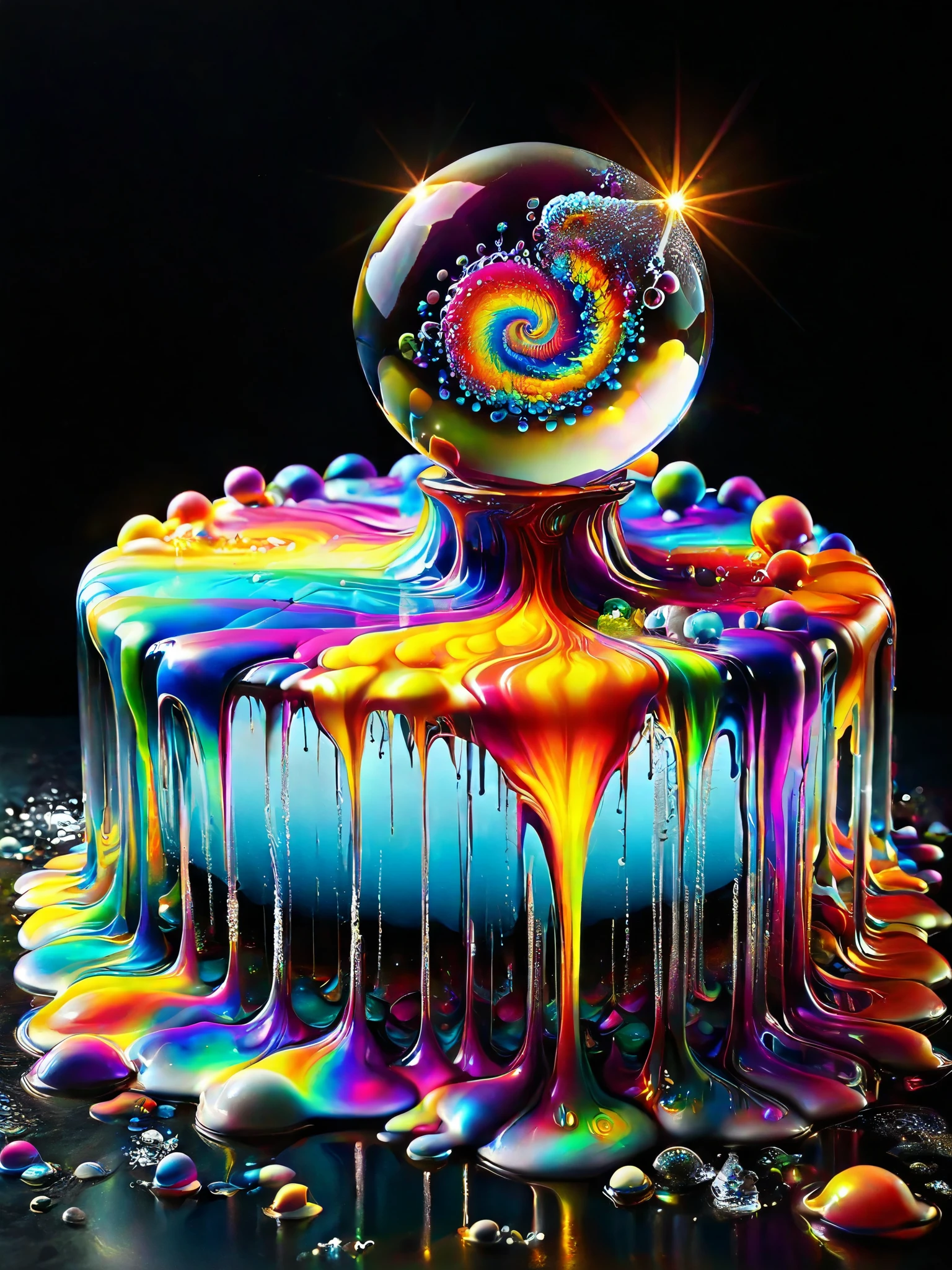 A psychedelic dream, vibrant colors shimmering, glass morphing from colors, intricate rainbow patterns, perfectly formed symmetrical spheres and glowing reflective bubbles, attention to detail on the bubbles and spheres, rainbows of color twisted in and out of translucent orbs, spilled paint and spirals of swirling color in the background, beautiful psychedelic digital art, pixel art, neon colors, 4d mandelbulb psychedelics, glass-like psychedelic landscape, intricate rainbow environment, psychedelic underwater brightness, trails of color and light, bright fluorescent colors, psychedelic vibrant colors, bright psychedelic neon colors, colorful paint drips out of the bubbles, 3D glass spheres melting into each other spilling out colors, visually disorienting, hallucination inducing, optical illusions, startling, stunning images, awe-inspiringly, best quality wallpaper, pixel assets, portrait photography, surrealism, photorealistic, hyperdetailed, glass morphism, digital art, sparkle, optical illusion, glowing light, reflection light, overexposure, god rays backlighting, depth of field, rotational symmetry, UHD, high details, high quality, super detailed, best quality, award winning, masterpieceBrilliant images of pure light emerging from vibrant colors in a psychedelic dream, shimmering glass morphing out of colors, tripped out detailed patterns in all colors, perfectly formed symmetrical spheres and glowing reflective bubbles, attention to detail on the bubbles and spheres, rainbows of color twisted in and out of translucent orbs, background is spilled paint and spirals of swirling colour, beautiful psychedelic digital art, pixel art, neon colors, 4d mandelbulb psychedelics, glass like psychedelic landscape, intricate rainbow environment, psychedelic underwater brightness, LSD,DMT, Psilocybin, Mescaline, trails of color and light, bright fluorescent colors, psychedelic trip, fluorescent psychedelic aesthetic, psychedelic vibrant colors, bright psychedelic neon color