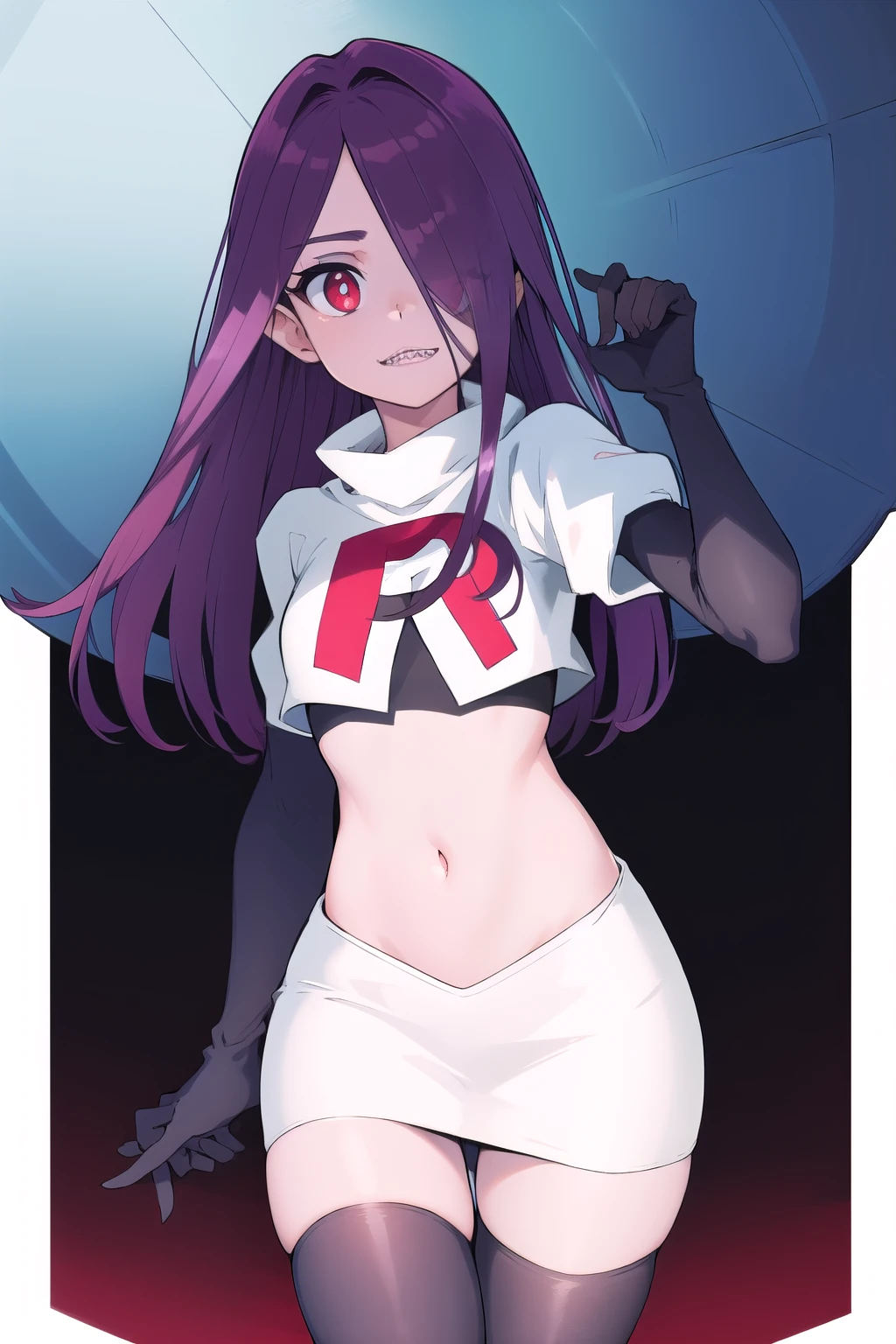 ((best quality)), ((highly detailed)), masterpiece, absurdres, (detailed eyes, deep eyes), (1girl), sucy_manbavaran, purple hair, long hair, hair over one eye, red eyes, makeup, eyeshadow, pale skin, small breasts, (sharp teeth), witch hat, team rocket,team rocket uniform,white skirt,red letter R,crop top,black thigh-highs,black elbow gloves