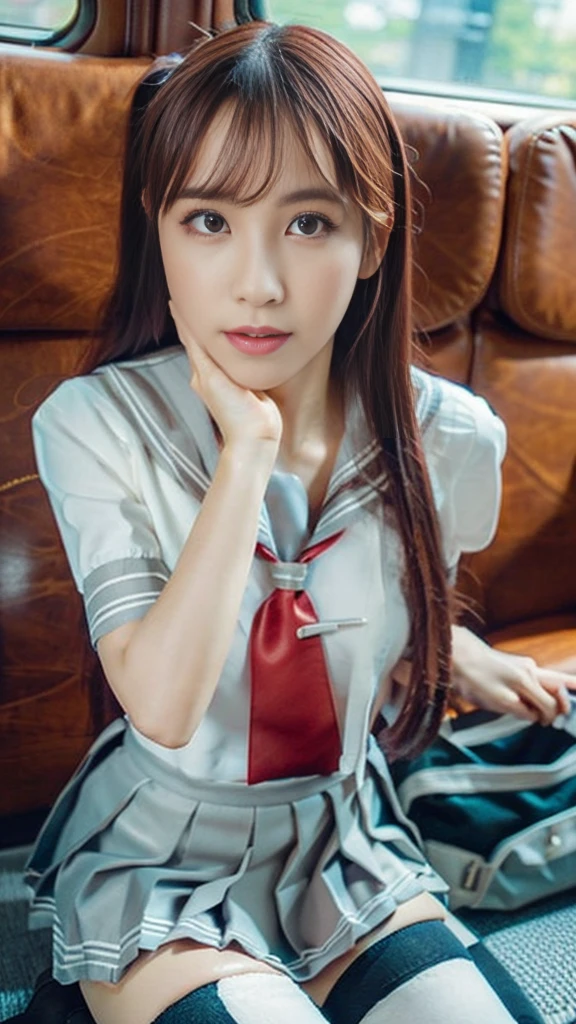 (8k), ( best quality: 1.2), (Realistic), (Realistic: 1.37),  ultra high resolution,  1 girl, cute,  closed mouth,  beautiful details , Beautiful Nose, Beautiful Hair,  pork, Thighs，Self snap, school uniform,Riding a train in Tokyo, simple blazer Pleated Skirts,(the skirt and tie:1.3),Cross-legged, the above,(Close up on thighs),(Shiny thighs),(Uniquely designed knee-high socks  :1.2)、Knee-high、 sitting with legs open 、 very thin 、Super Real Photo、 best quality,  Ultra High Definition,  textured skin,  best quality,  anatomically correct,  8k octane,  portrait photography,  movie light effect that won't light up, 、 random hairstyle、 low angle、Knee-high socks with unique designs、 sitting with legs open 、 Panchira 、 panties looking at the buttocks are visible、 anatomically correct、short uniform 、 sitting with legs standing、Gal、 high definition ,  textured skin,  Ultra High Definition, masterpiece,  8k octane, Cinematography,  Movie Light Effects , 