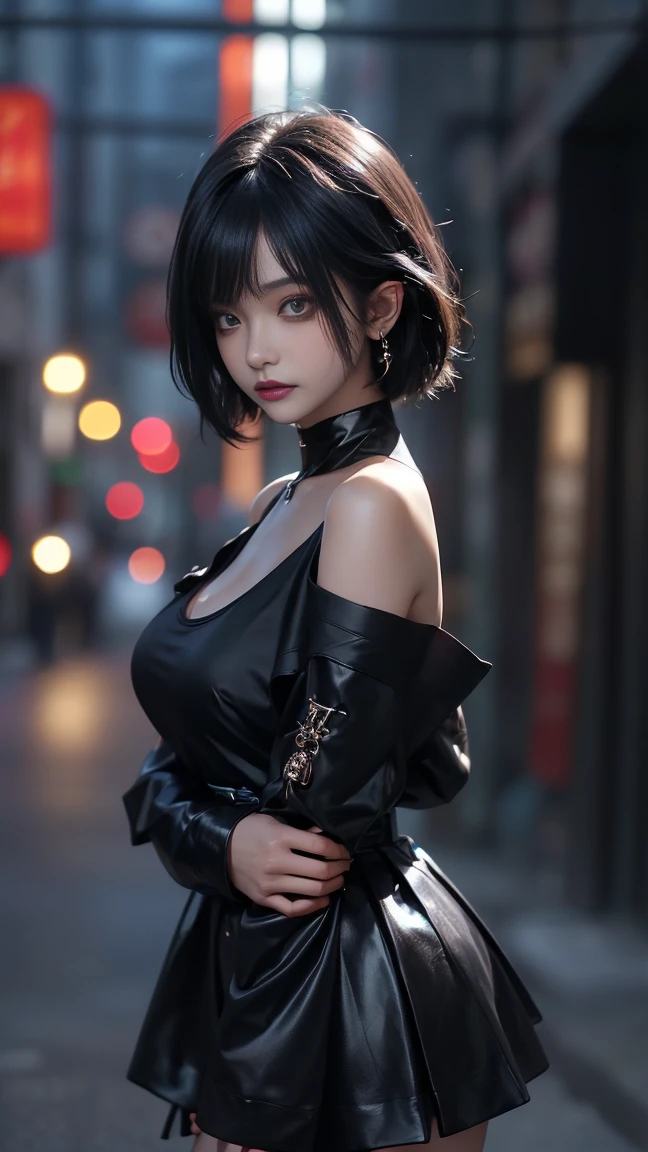 4k-ultra sharp、highest quality, masterpiece, ultra high resolution, (reality: 1.4), 16 year old girl, purple eyes, Off-the-shoulder sweater dresses, cinematic lighting、purple and black hair、(mine girl、goth makeup、mine makeup)、(Pierced ears、big breasts、Oversized black T-shirt with open shoulders、dark mini skirt)、((dark makeup、oil skin,sparkling skin、realistic skin texture、detailed beautiful skin、shiny skin)), Dark downtown at night、night、blue film photography、kabukicho、Dark Cyberpunk、(full shot:1.8)、thin legs、thin arms、thin shoulders、thin waist、slender body、big breasts、whole body、((Mega Big Tits)),Big cleavage、From head to toe、(red gloss eyeliner:1.3)、Blonde
