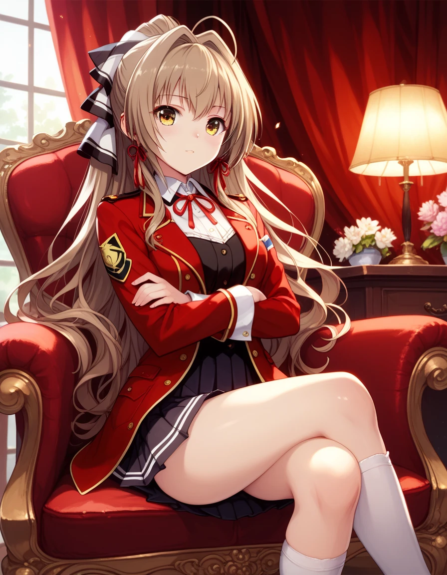 masterpiece,  best quality,  very sophisticated,  absurd,
 1 girl, Sento Isuzu, Amagi Brilliant Park ,  brown hair,  yellow eyes, Aguillette , Red coat,   neck ribbon ,  pleated skirt,  detailed background with white knee-high ,  Long Sleeve , uniform,  sleeve cuffs ,  arm-crossed, indoor, curtain, lamp, flower,  Window , Tassel, chair,