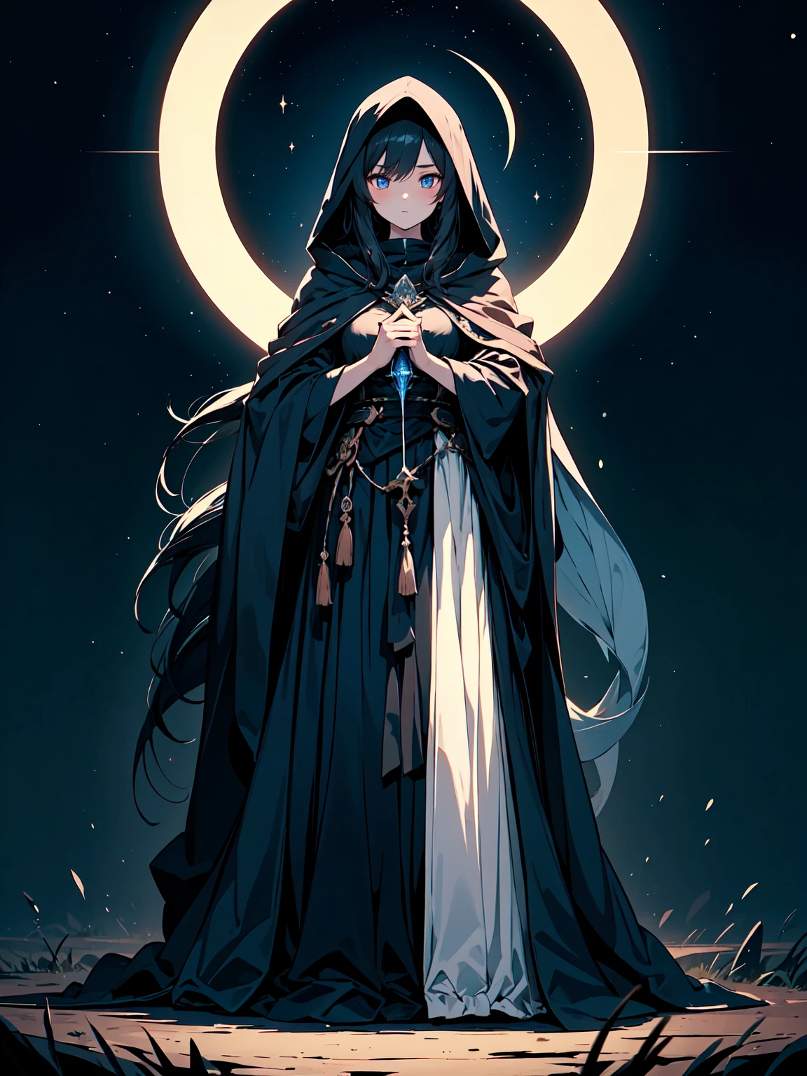 a young dark fantasy church priestess, with long black hair and white streaks, wearing an eyepatch on one eye, and her blueish green eyes, she cares a serious expression on her face and an angel like appearance, she wears elegant yet simple and modest black outfit, with some silver jewelry, she also wears a long see through veil on her head, with a faded sliver star shaped halo at the behind her head, she is holding her hands together symbolizing a prayer gesture.Long Hair, Black Hair, Blue eyes, mysterious, Hood, Halo, Anatomically Correct, Best Quality, Accurate, High Resolution, Looking at viewer, back view