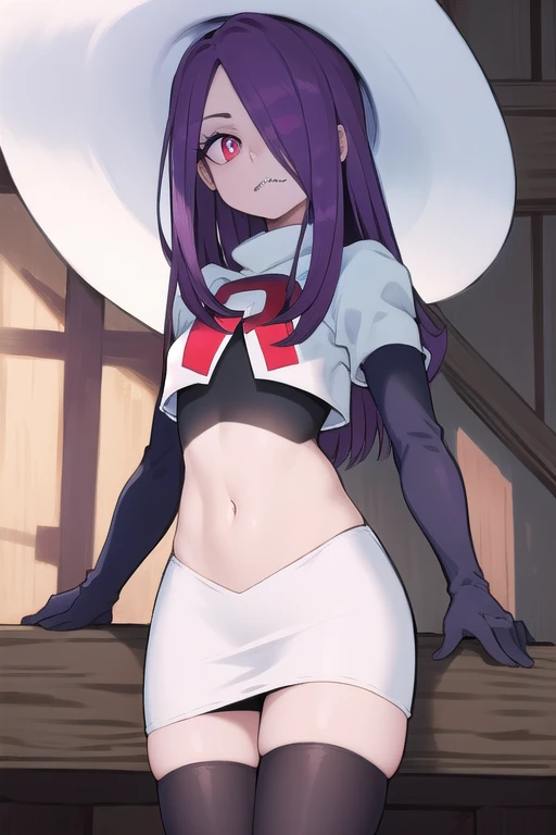 ((best quality)), ((highly detailed)), masterpiece, absurdres, (detailed eyes, deep eyes), (1girl), sucy_manbavaran, purple hair, long hair, hair over one eye, red eyes, makeup, eyeshadow, pale skin, small breasts, (sharp teeth), witch hat, team rocket,team rocket uniform,white skirt,red letter R,crop top,black thigh-highs,black elbow gloves