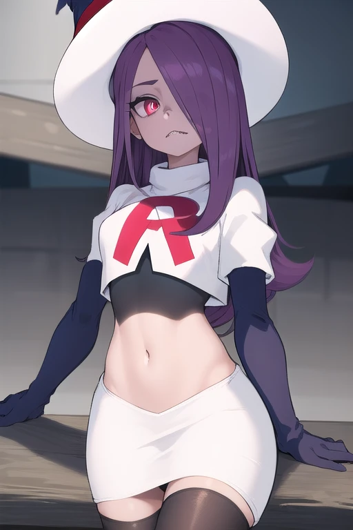 ((best quality)), ((highly detailed)), masterpiece, absurdres, (detailed eyes, deep eyes), (1girl), sucy_manbavaran, purple hair, long hair, hair over one eye, red eyes, makeup, eyeshadow, pale skin, small breasts, (sharp teeth), witch hat, team rocket,team rocket uniform,white skirt,red letter R,crop top,black thigh-highs,black elbow gloves