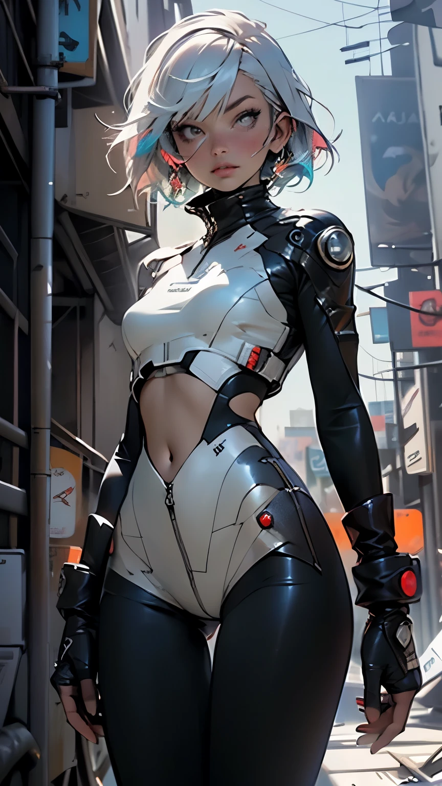 (8K, RAW photogr, Best quality at best, tmasterpiece: 1.45), Beautiful and delicate face, Young girls, White hair, ((K-pop idol )), Sheer jumpsuit, spread, , Hot, Pure black(High-leg cut tights), pale-skinned, {{Messy short}}, (humongous large breast:1.05), By bangs, captivating curves, small pelvis, ((Permanent)), the street, Glowing skin, cyberpunk colors, neon, technical suit, mechs, With a lightsaber, lewd eyes, (((Puffy, Puffy))), , ((), Camel toes, Camel toes, Hard form, vulvashaped:1.25), (The upper part of the body:1.15), (SFW:1.45)