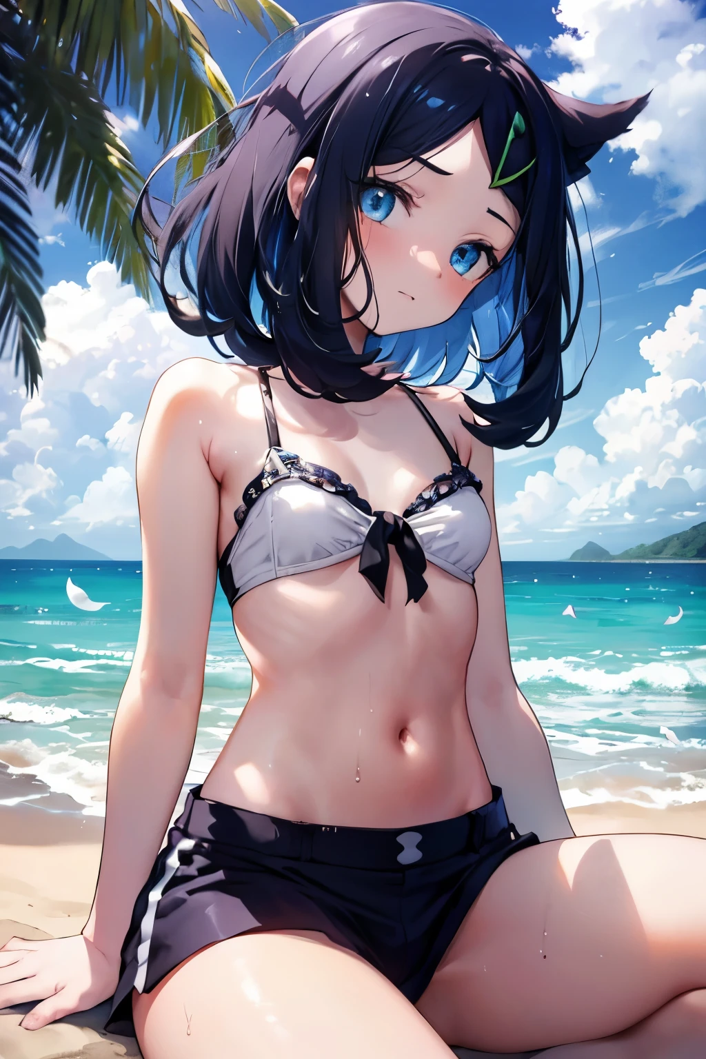 NSFW,  (masterpiece,  best quality,  8K ultra-high resolution :1.4), ((Pokemon Rico )), (tropical,  beachside, flower: 1.4), 12yo, Pokémon,  Written Boundary Depth, Film focus,  angle from below,  sitting, Emotional composition, Emotional engine full throttle BREAK Young and かわいい girl, Slender body,  flat chested, Provocative, ((shy)), Expressions of affection, Extremely Detailed and Shiny Skin ,sweat, exposed breasts,  shorts, wet and shiny thighs , 完璧なPokemon Rico トップブレイク
, wind, detailed in the wind, petals dancing in the wind
BREAK
ultra detailed crystal eyes, Sparkling jewel-like eyes