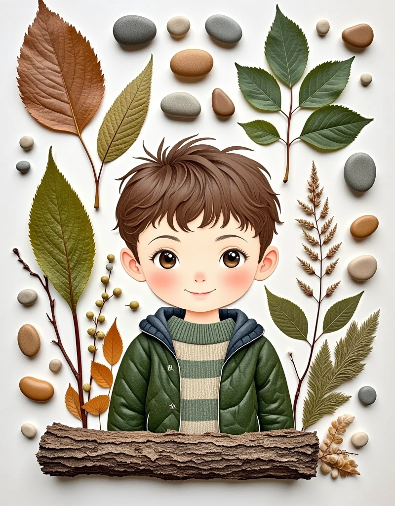  leaves and seeds of various plants、 bark and other parts ，Make a handmade sticker with stones ，Watercolor Pencil， ，1boy，Simple composition ， Master's work