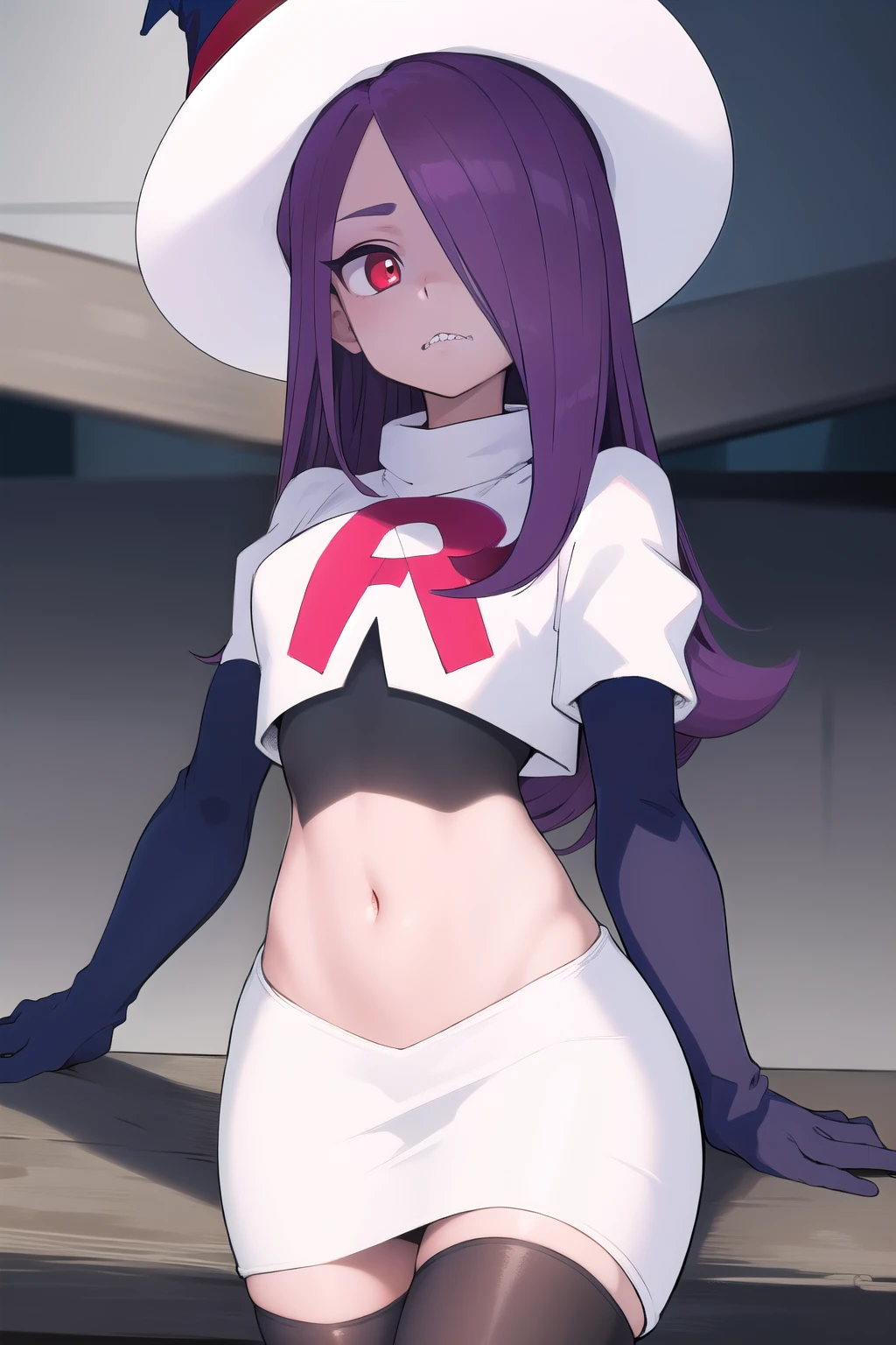 ((best quality)), ((highly detailed)), masterpiece, absurdres, (detailed eyes, deep eyes), (1girl), sucy_manbavaran, purple hair, long hair, hair over one eye, red eyes, makeup, eyeshadow, pale skin, small breasts, (sharp teeth), witch hat, team rocket,team rocket uniform,white skirt,red letter R,crop top,black thigh-highs,black elbow gloves