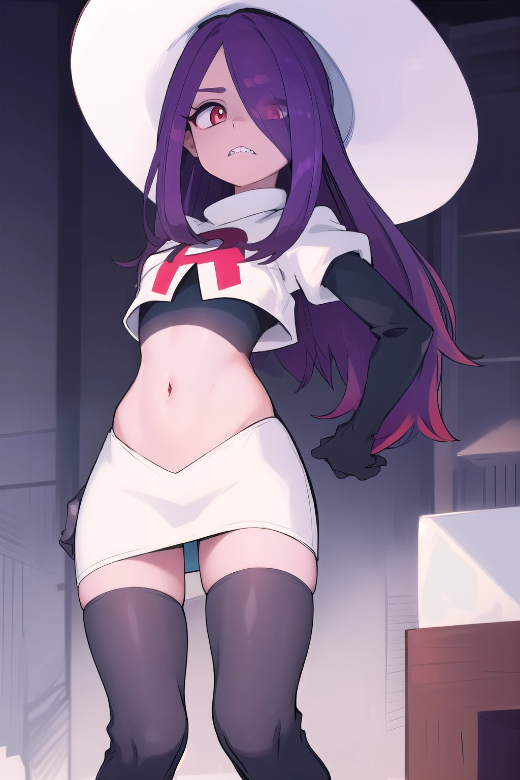 ((best quality)), ((highly detailed)), masterpiece, absurdres, (detailed eyes, deep eyes), (1girl), sucy_manbavaran, purple hair, long hair, hair over one eye, red eyes, makeup, eyeshadow, pale skin, small breasts, (sharp teeth), witch hat, team rocket,team rocket uniform,white skirt,red letter R,crop top,black thigh-highs,black elbow gloves