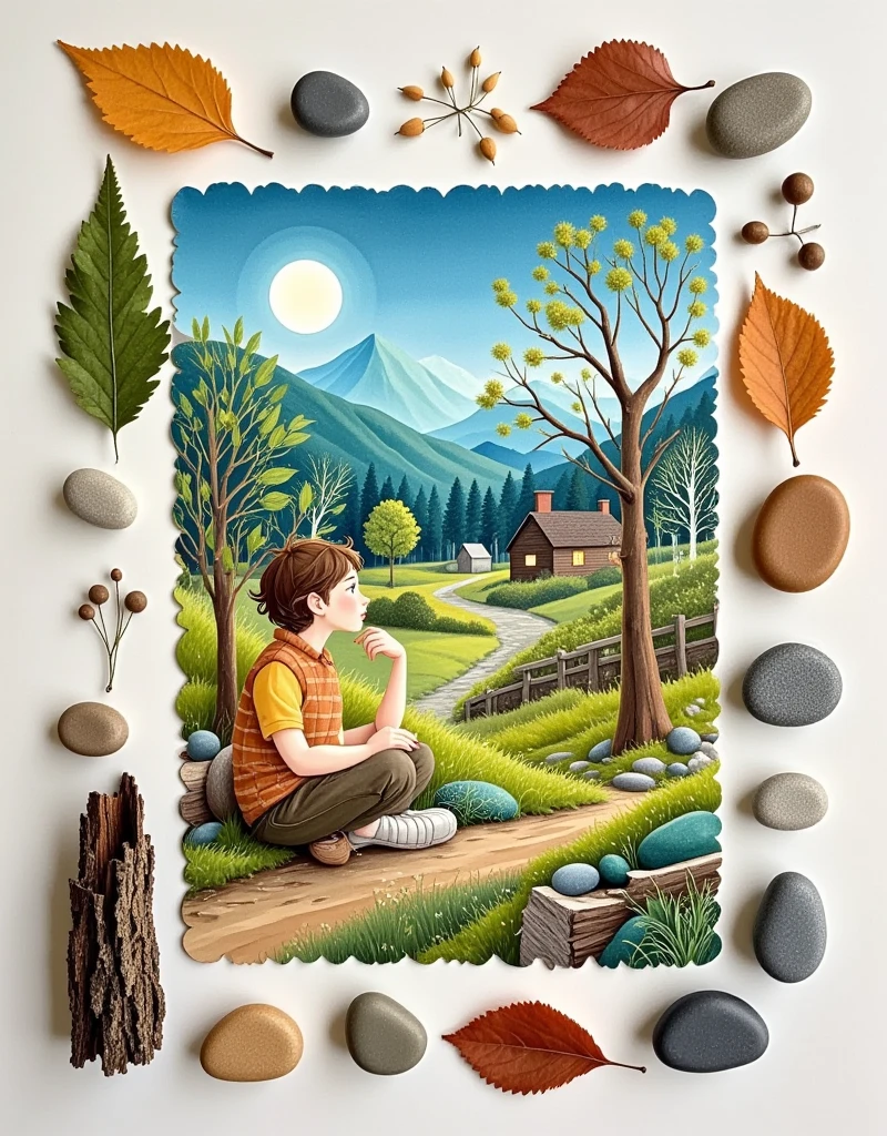  leaves and seeds of various plants、 bark and other parts ，Make a handmade sticker with stones ，Watercolor Pencil， ，1boy，Simple composition ， Master's work