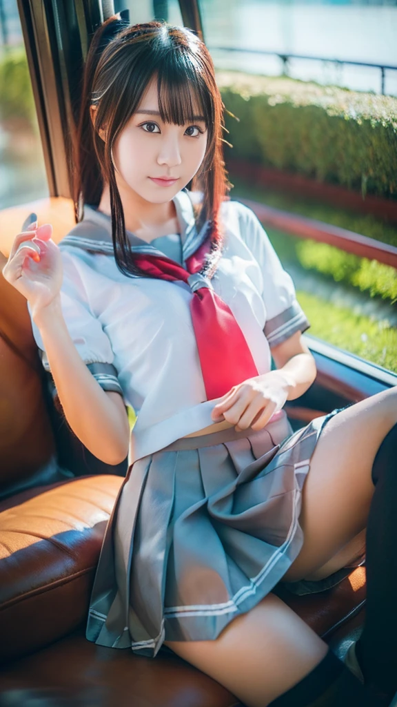 (8k), ( best quality: 1.2), (Realistic), (Realistic: 1.37),  ultra high resolution,  1 girl, cute,  closed mouth,  beautiful details , Beautiful Nose, Beautiful Hair,  pork, Thighs，Self snap, school uniform,Riding a train in Tokyo, simple blazer Pleated Skirts,(the skirt and tie:1.3),Cross-legged, the above,(Close up on thighs),(Shiny thighs),(Uniquely designed knee-high socks  :1.2)、Knee-high、 sitting with legs open 、 very thin 、Super Real Photo、 best quality,  Ultra High Definition,  textured skin,  best quality,  anatomically correct,  8k octane,  portrait photography,  movie light effect that won't light up, 、 random hairstyle、 low angle、Knee-high socks with unique designs、 sitting with legs open 、 Panchira 、 panties looking at the buttocks are visible、 anatomically correct、short uniform 、 sitting with legs standing.ponytail.