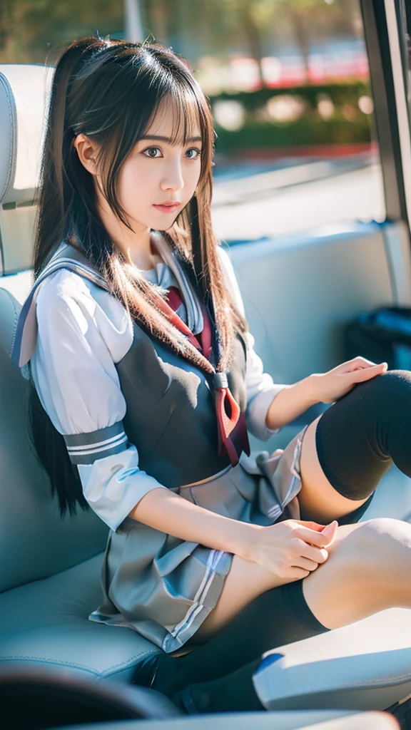 (8k), ( best quality: 1.2), (Realistic), (Realistic: 1.37),  ultra high resolution,  1 girl, cute,  closed mouth,  beautiful details , Beautiful Nose, Beautiful Hair,  pork, Thighs，Self snap, school uniform,Riding a train in Tokyo, simple blazer Pleated Skirts,(the skirt and tie:1.3),Cross-legged, the above,(Close up on thighs),(Shiny thighs),(Uniquely designed knee-high socks  :1.2)、Knee-high、 sitting with legs open 、 very thin 、Super Real Photo、 best quality,  Ultra High Definition,  textured skin,  best quality,  anatomically correct,  8k octane,  portrait photography,  movie light effect that won't light up, 、 random hairstyle、 low angle、Knee-high socks with unique designs、 sitting with legs open 、 Panchira 、 panties looking at the buttocks are visible、 anatomically correct、short uniform 、 sitting with legs standing.ponytail.