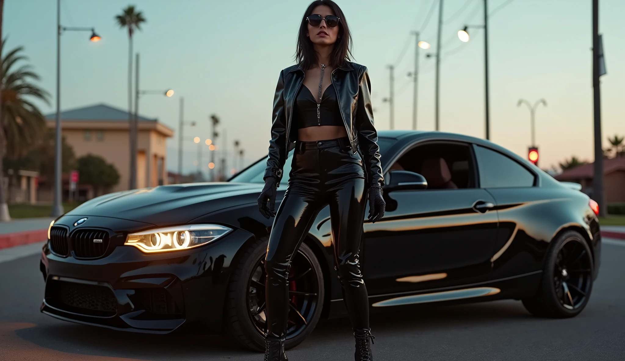 "Create an image featuring a sleek, black luxury SUV with a young, stylish woman leaning casually against the vehicle. She should be dressed in all-black attire, including a leather jacket and sunglasses, giving off a confident and edgy vibe. The setting should be urban, possibly a city street or a parking area, with the SUV prominently displayed in the background. The overall mood should be modern, chic, and luxurious, highlighting both the car's design and the woman's fashionable look."