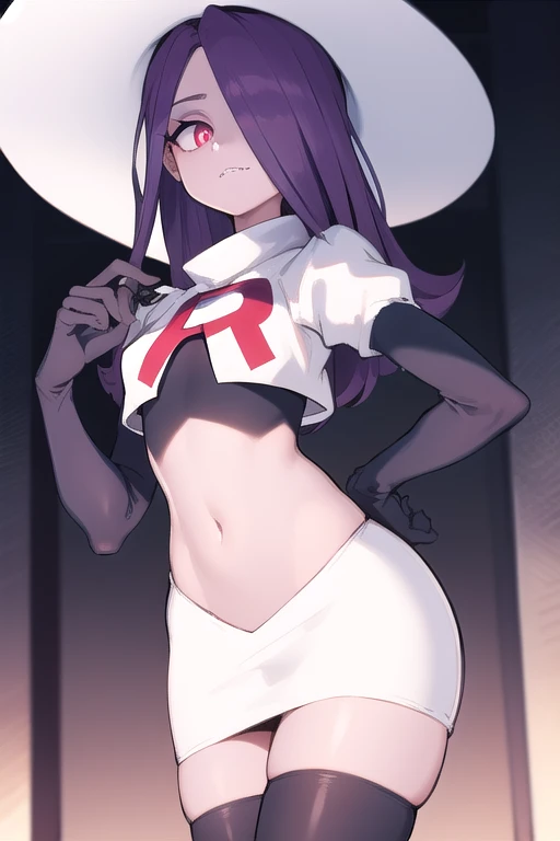 ((best quality)), ((highly detailed)), masterpiece, absurdres, (detailed eyes, deep eyes), (1girl), sucy_manbavaran, purple hair, long hair, hair over one eye, red eyes, makeup, eyeshadow, pale skin, small breasts, (sharp teeth), witch hat, team rocket,team rocket uniform,white skirt,red letter R,crop top,black thigh-highs,black elbow gloves