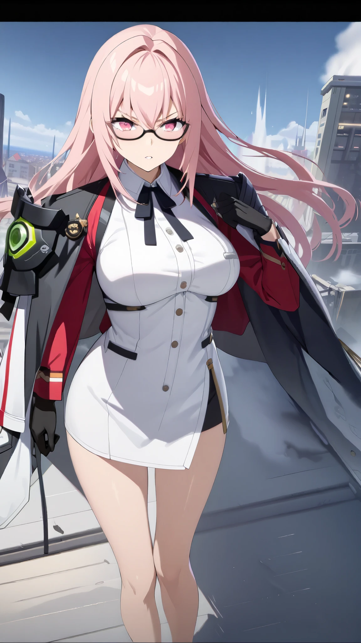 extremely detailed CG, high resolution, best quality, masterpiece, 1 girl, Tsukishiro Yanagi (Zenless Zone Zero:1.4), light pink hair, long hair, light pink eyes, wearing glasses, BREAK, professional attire, secretary attire, white shirt, black ribbon, wears a oni shaped pauldron on her right shoulder, black gloves, black shirt, black high heels, BREAK, big breast, long legs