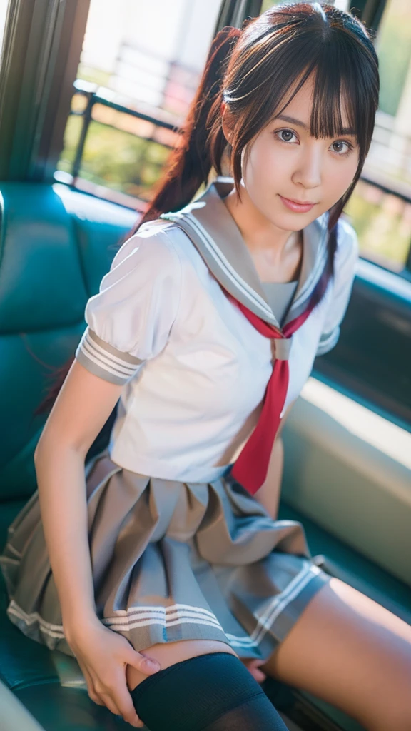 (8k), ( best quality: 1.2), (Realistic), (Realistic: 1.37),  ultra high resolution,  1 girl, cute,  closed mouth,  beautiful details , Beautiful Nose, Beautiful Hair,  pork, Thighs，Self snap, school uniform,Riding a train in Tokyo, simple blazer Pleated Skirts,(the skirt and tie:1.3),Cross-legged, the above,(Close up on thighs),(Shiny thighs),(Uniquely designed knee-high socks  :1.2)、Knee-high、 sitting with legs open 、 very thin 、Super Real Photo、 best quality,  Ultra High Definition,  textured skin,  best quality,  anatomically correct,  8k octane,  portrait photography,  movie light effect that won't light up, 、 random hairstyle、 low angle、Knee-high socks with unique designs、 sitting with legs open 、 Panchira 、 panties looking at the buttocks are visible、 anatomically correct、short uniform 、 sitting with legs standing.ponytail.Selfie