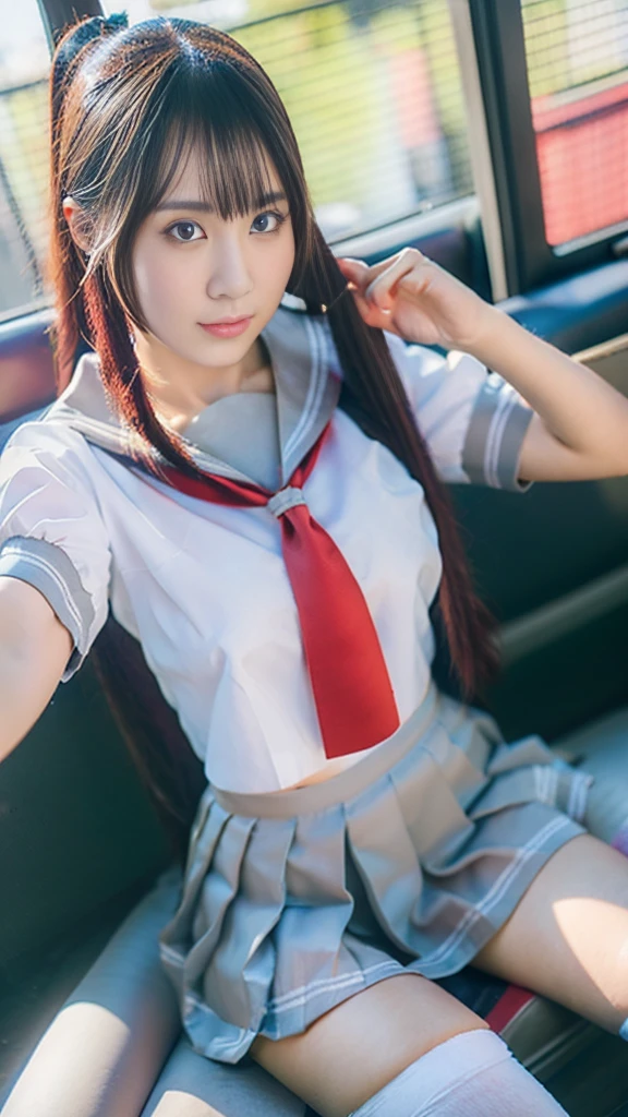 (8k), ( best quality: 1.2), (Realistic), (Realistic: 1.37),  ultra high resolution,  1 girl, cute,  closed mouth,  beautiful details , Beautiful Nose, Beautiful Hair,  pork, Thighs，Self snap, school uniform,Riding a train in Tokyo, simple blazer Pleated Skirts,(the skirt and tie:1.3),Cross-legged, the above,(Close up on thighs),(Shiny thighs),(Uniquely designed knee-high socks  :1.2)、Knee-high、 sitting with legs open 、 very thin 、Super Real Photo、 best quality,  Ultra High Definition,  textured skin,  best quality,  anatomically correct,  8k octane,  portrait photography,  movie light effect that won't light up, 、 random hairstyle、 low angle、Knee-high socks with unique designs、 sitting with legs open 、 Panchira 、 panties looking at the buttocks are visible、 anatomically correct、short uniform 、 sitting with legs standing.ponytail.Selfie