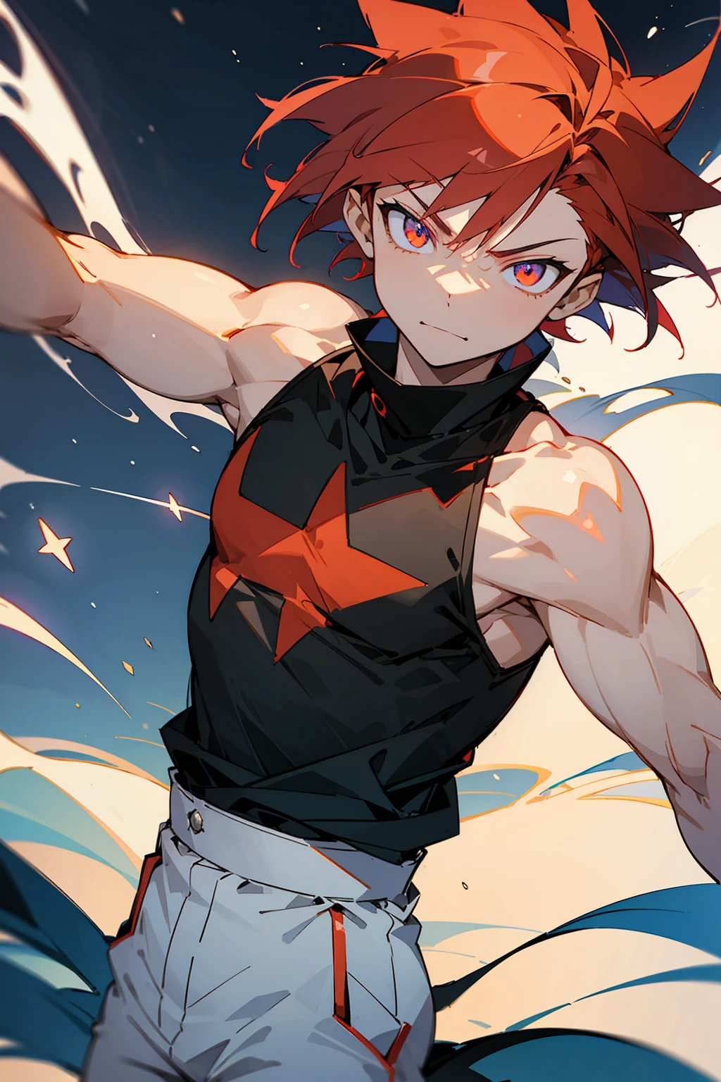 1male, Pre Teen, Spikey Hair, Crimson Hair, Star Eyes, Black Sleeveless shirt, White baggy pants, Night Time, Cocky Expression