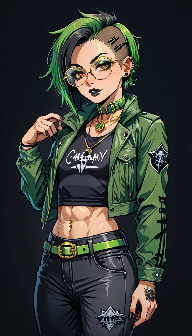 1boy;Androgynous;chocolate colored hair;punk undercut haircut;gold eyes;freckled skin;toned,athletic body;black lip gloss;black eyeliner;green eyeshadow;sharp black nails;round glasses;black tight full shirt;black cargo pants;green belt;Green Canvas Jacket;Combat Boots;amber pendant;green collar;pierced ears;GothMOONXL
