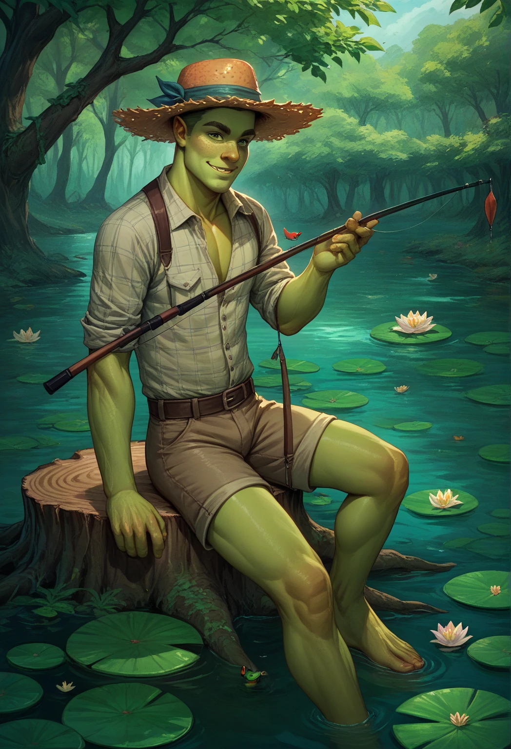score_9, score_8_up, score_7_up, solo, male focus,shrek, green skin,scenery,swamp,lily pad,straw hat,holding fishing rod,light smile,leaves,frog,birds,sitting on tree stump,outdoors