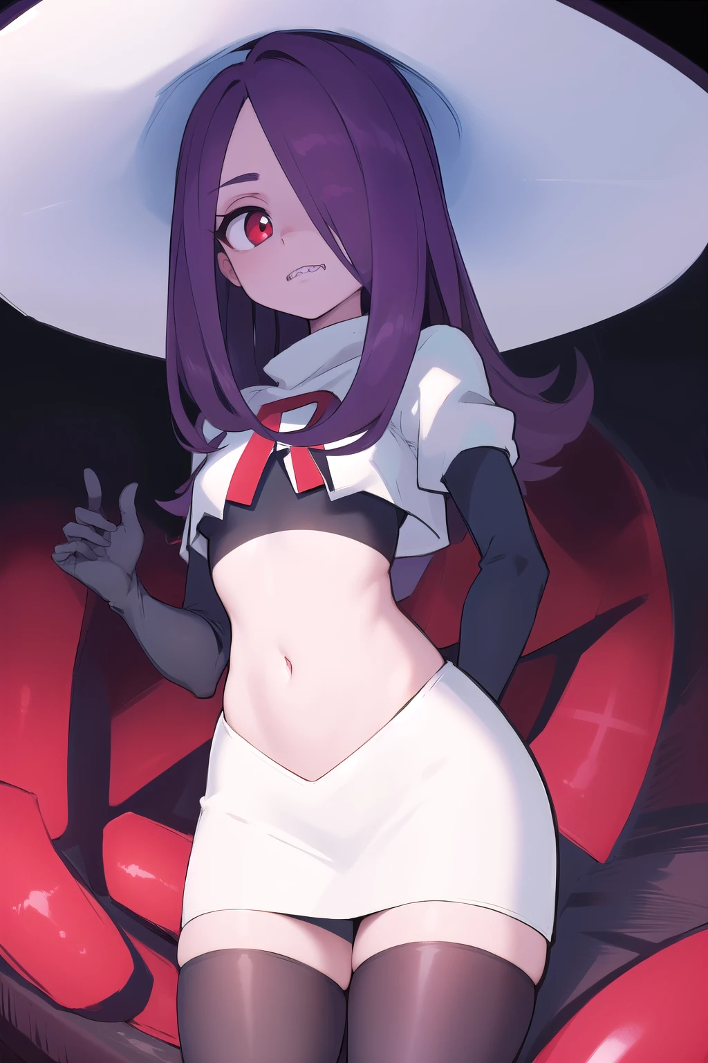 ((best quality)), ((highly detailed)), masterpiece, absurdres, (detailed eyes, deep eyes), (1girl), sucy_manbavaran, purple hair, long hair, hair over one eye, red eyes, makeup, eyeshadow, pale skin, small breasts, (sharp teeth), witch hat, team rocket,team rocket uniform,white skirt,red letter R,crop top,black thigh-highs,black elbow gloves