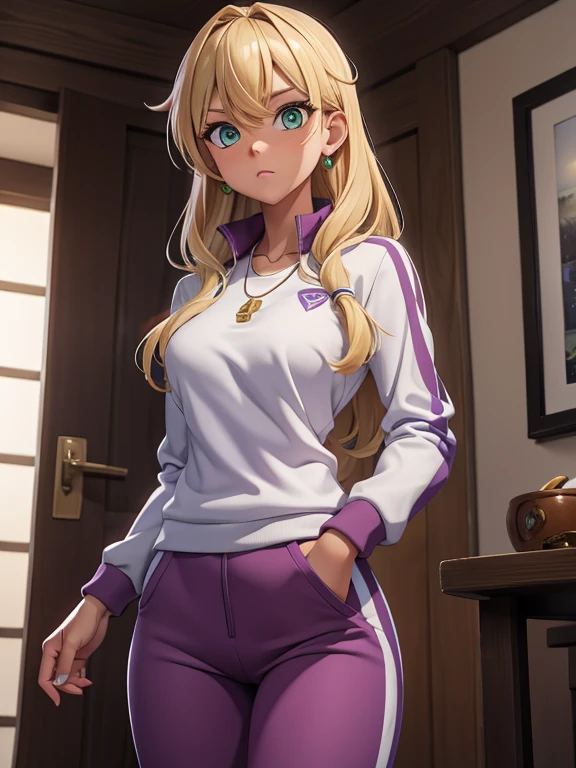 best quality, masterpiece, highres, detailed, perfect anatomy, <lora:Detail - more_details:0.2>, PETeacherCh, <lyco:PEteacher-10:0.8>, 1man, school, sports jacket, open jacket, white shirt, whistle around neck, track pants, ZeldaHW, blonde hair, pointy ears, <lora:Character - ZeldaHW:1>, blue eyes,