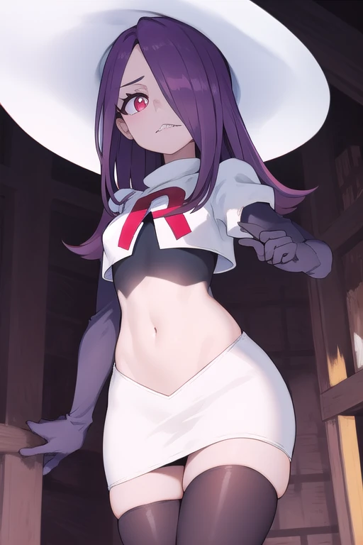 ((best quality)), ((highly detailed)), masterpiece, absurdres, (detailed eyes, deep eyes), (1girl), sucy_manbavaran, purple hair, long hair, hair over one eye, red eyes, makeup, eyeshadow, pale skin, small breasts, (sharp teeth), witch hat, team rocket,team rocket uniform,white skirt,red letter R,crop top,black thigh-highs,black elbow gloves