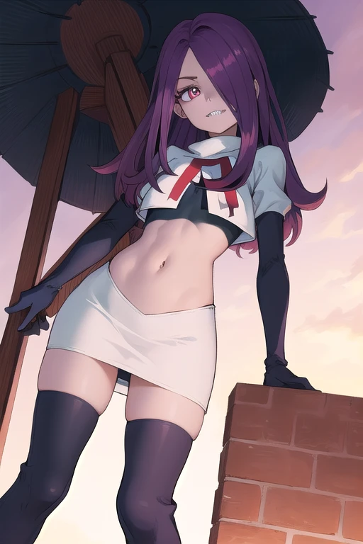 ((best quality)), ((highly detailed)), masterpiece, absurdres, (detailed eyes, deep eyes), (1girl), sucy_manbavaran, purple hair, long hair, hair over one eye, red eyes, makeup, eyeshadow, pale skin, small breasts, (sharp teeth), witch hat, team rocket,team rocket uniform,white skirt,red letter R,crop top,black thigh-highs,black elbow gloves