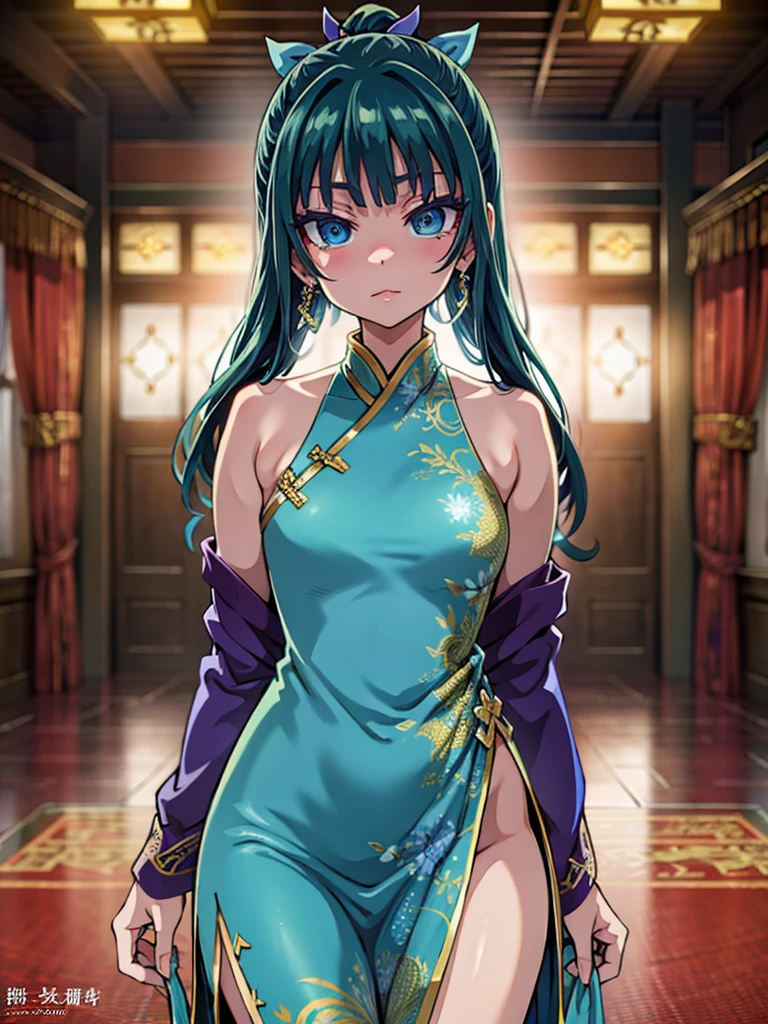 Asanagi styles,highest quality (8k, High resolution, masterpiece: 1.2), Very detailed, Anime art style, Dynamic Angle, Teen Style, (China dress, Exposed shoulders, Earrings, indoor,), Detailed green hair, Detailed blue eyes, Complicated hairstyle, Long Hair , The body is slim, Sparkling eyes, like々Shii, hair accessory, Earrings, Half Up, Slightly blunt bangs, Detailed lighting, Bright colors, Looking at the audience, Center the image, Cowboy Shot,