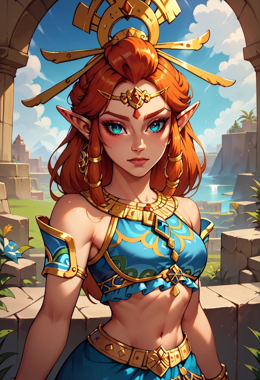 score_9, score_8_up, score_7_up, 1girl, High resolution, Very detailed, perfect lighting, beautiful detailed eyes, ((masterpiece,Best Quality)), absurdities, Alone,Riju Makeela: Gerudo Princess (The Legend Of Zelda: Tears of the Kingdom)