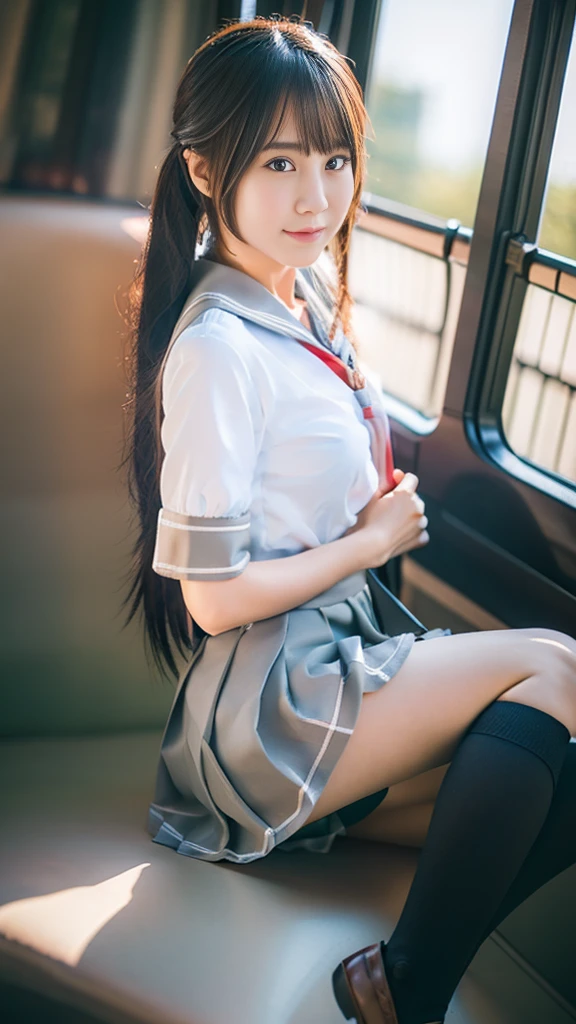 (8k), ( best quality: 1.2), (Realistic), (Realistic: 1.37),  ultra high resolution,  1 girl, cute,  closed mouth,  beautiful details , Beautiful Nose, Beautiful Hair,  pork, Thighs，Self snap, school uniform,Riding a train in Tokyo, simple blazer Pleated Skirts,(the skirt and tie:1.3),Cross-legged, the above,(Close up on thighs),(Shiny thighs),(Uniquely designed knee-high socks  :1.2)、Knee-high、 sitting with legs open 、 very thin 、Super Real Photo、 best quality,  Ultra High Definition,  textured skin,  best quality,  anatomically correct,  8k octane,  portrait photography,  movie light effect that won't light up, 、 random hairstyle、 low angle、Knee-high socks with unique designs、 sitting with legs open 、 Panchira 、 panties looking at the buttocks are visible、 anatomically correct、short uniform 、 sitting with legs standing.ponytail.Selfie