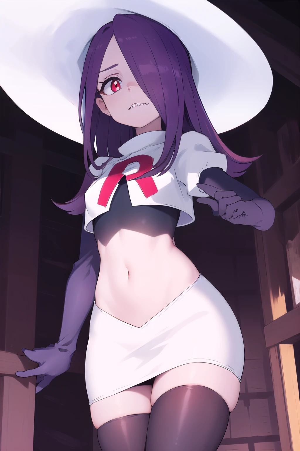 ((best quality)), ((highly detailed)), masterpiece, absurdres, (detailed eyes, deep eyes), (1girl), sucy_manbavaran, purple hair, long hair, hair over one eye, red eyes, makeup, eyeshadow, pale skin, small breasts, (sharp teeth), witch hat, team rocket,team rocket uniform,white skirt,red letter R,crop top,black thigh-highs,black elbow gloves