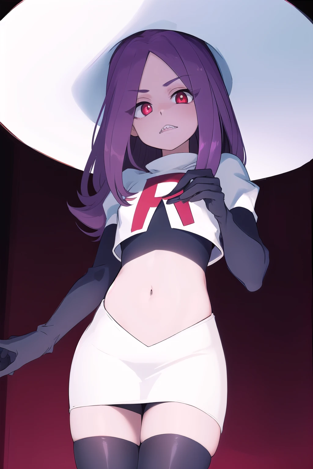 ((best quality)), ((highly detailed)), masterpiece, absurdres, (detailed eyes, deep eyes), (1girl), sucy_manbavaran, purple hair, long hair, hair over one eye, red eyes, makeup, eyeshadow, pale skin, small breasts, (sharp teeth), witch hat, team rocket,team rocket uniform,white skirt,red letter R,crop top,black thigh-highs,black elbow gloves