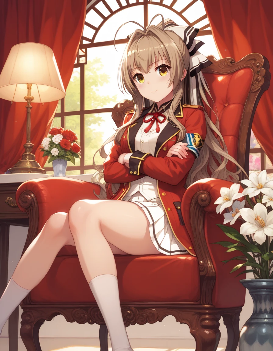 masterpiece,  best quality,  very sophisticated,  absurd,
 1 girl, Sento Isuzu, Amagi Brilliant Park ,  brown hair,  yellow eyes, Aguillette , Red coat,   neck ribbon ,  pleated skirt,  detailed background with white knee-high ,  Long Sleeve , uniform,  sleeve cuffs ,  arm-crossed, indoor, curtain, lamp, flower,  Window , Tassel, chair,