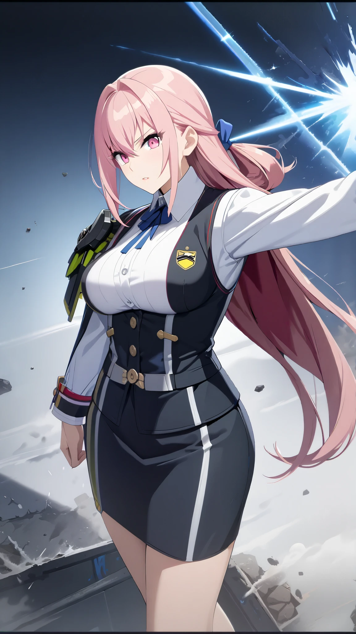 extremely detailed CG, high resolution, best quality, masterpiece, 1 girl, Tsukishiro Yanagi (Zenless Zone Zero:1.4), light pink hair, long hair, hair tied back with a blue ribbon, light pink eyes, wearing glasses, BREAK, professional attire, secretary attire, white shirt, black ribbon, white sleeves, wears an oni shaped pauldron on her right shoulder with blue details, black gloves, black skirt, BREAK, big breast, long legs, BREAK, standing