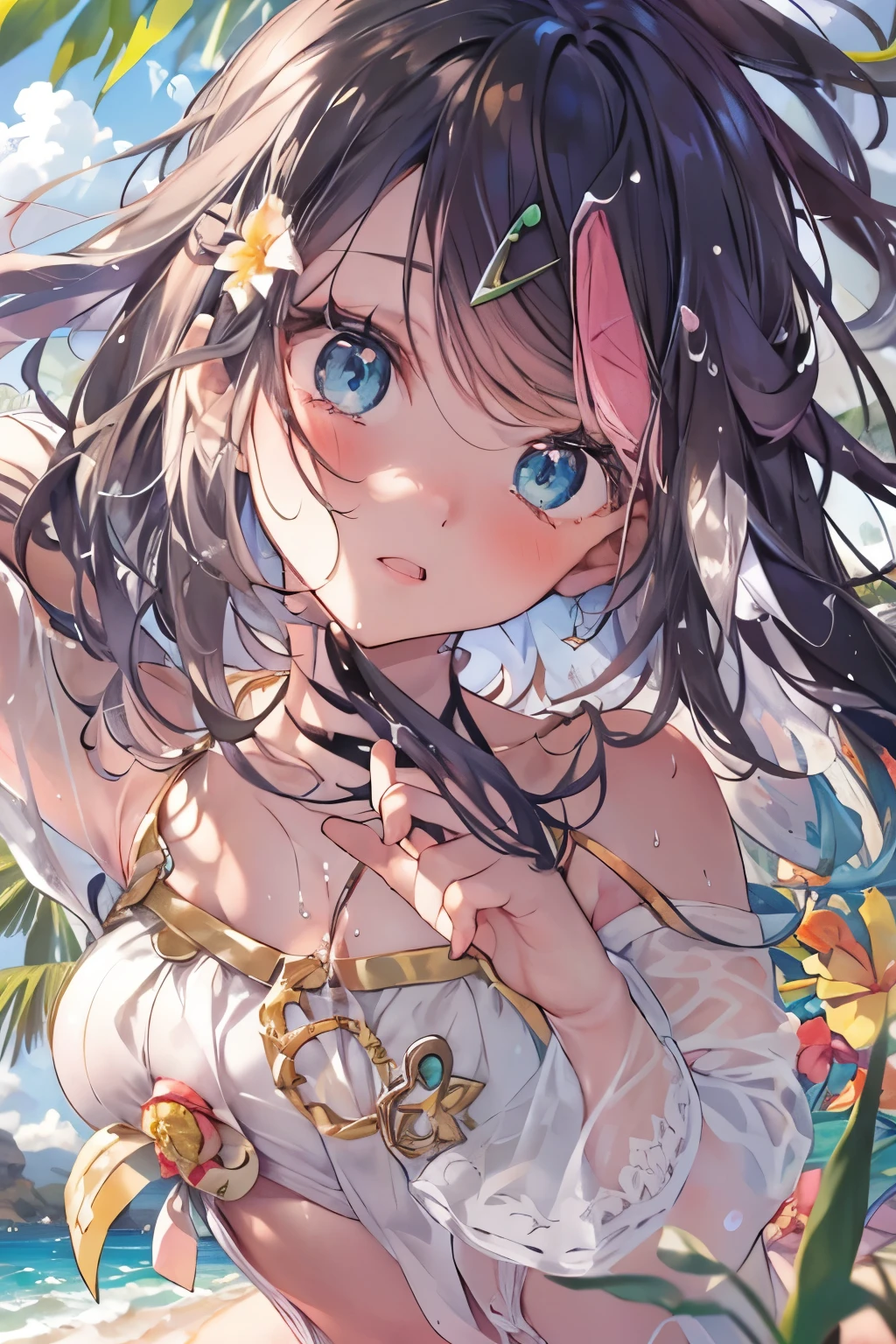 NSFW, (masterpiece, best quality, 8K ultra-high resolution :1.4), (tropical, beachside, flower: 1.4), yo, Pokémon, Written Boundary Depth, Film focus, angle from below, sitting, Emotional composition, Emotional engine full throttle BREAK Young and かわいい girl, Slender body, flat chested, Provocative, ((love)), Expressions of affection, Extremely Detailed and Shiny Skin ,sweat, exposed breasts, shorts, wet and shiny thighs , Perfect Pokemon Rico Top Break
, wind, detailed in the wind, petals dancing in the wind
BREAK
ultra detailed crystal eyes, Sparkling jewel-like eyes