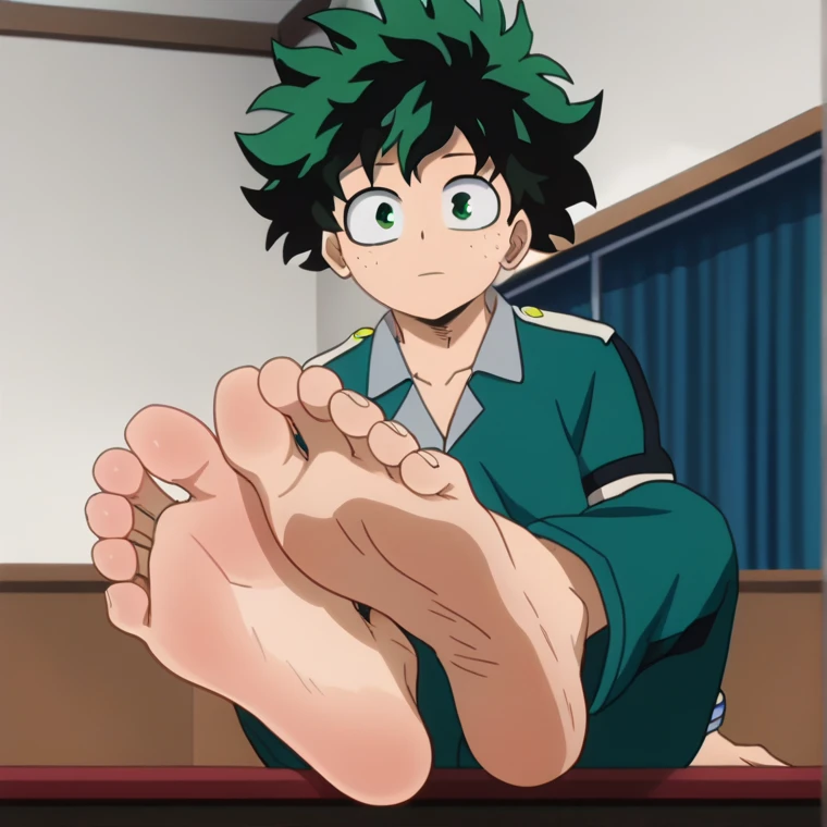 Score_9, score_8_up, source_anime, 1boy, big eyes, Midoriya Izuku, alone, looking at viewer, in his room, sitting, cowboy shot, ANIME SCREENCAP, anime coloring, barefoot, perfect feet, anatomically correct, soles, low angle, focal length 35mm, each foot has five toes, front, symmetrical soles, foot focus, wearing pajamas, long pants