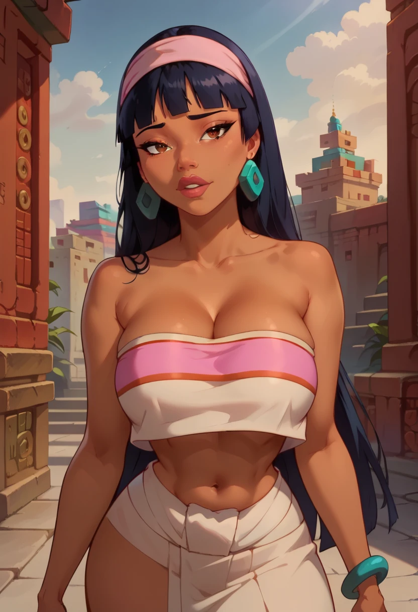 score_9, score_8_up, score_7_up, 1girl, High resolution, Very detailed, perfect lighting, beautiful detailed eyes, ((masterpiece, Best Quality)), absurdities, Alone,  Chel  \(The Road to El Dorado\),  black hair, bangs, long hair, brown eyes, dark skin, black skin, rhombus stripe,(Pink headband:1.2), stupid,(stupid lift:1.5),Huge breasts, Expressiveh, 