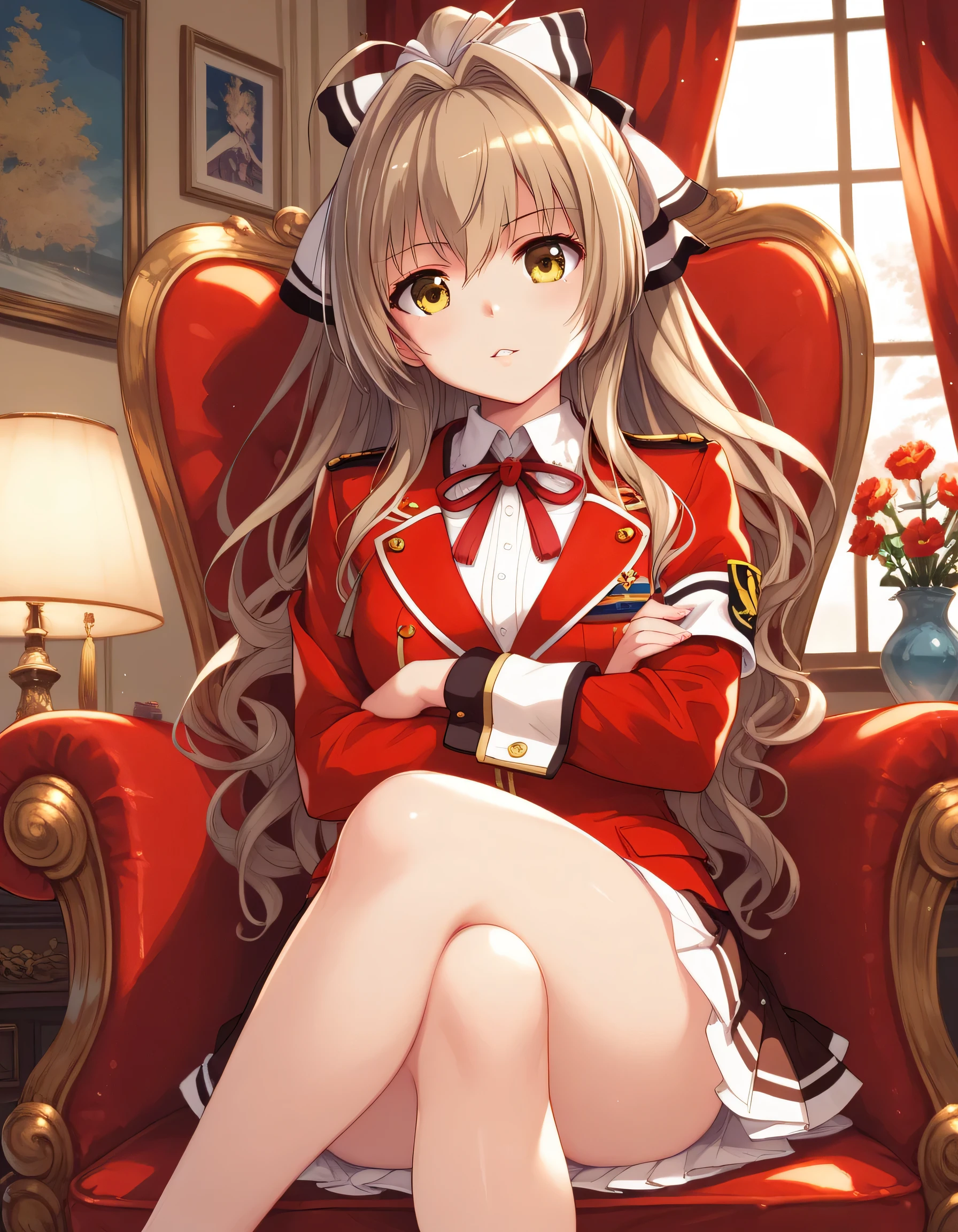 masterpiece,  best quality,  very sophisticated,  absurd,
 1 girl, Sento Isuzu, Amagi Brilliant Park ,  brown hair,  yellow eyes, Aguillette , Red coat,   neck ribbon ,  pleated skirt,  detailed background with white knee-high ,  Long Sleeve , uniform,  sleeve cuffs ,  arm-crossed, indoor, curtain, lamp, flower,  Window , Tassel, chair,