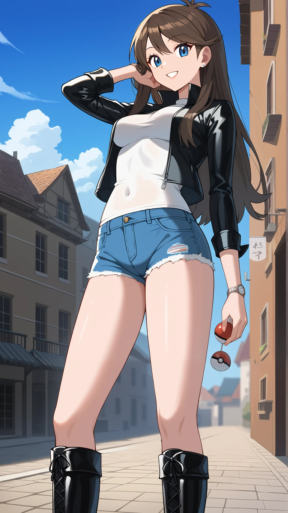  score_9,  score_8_Excellent,  score_7_Excellent,  score_6_Excellent,  best quality, sauce_Anime,  cell shading ,  flat color , vector,  detailed background, town, building,  break 1 girl , Alone, (\ Pokémon\),  brown hair, Long Hair,  blue eyes, Ample breasts,  watch viewers , 1 female, Age 18, whole body,  slim figure without arms, smile, Outdoor, 挑発的なsmile,  seductive smiles from all around,  black long sleeve leather jacket,  put one hand on the lower back ,  white shirt,  blue denim shorts ,  Knee High Boots ,  Tall,　bare hands, no gloves ,  standing,
