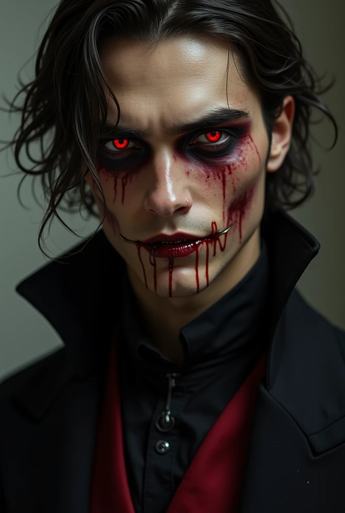Characteristics of ghosts:
A stiff face。
Eyes glowing red。
The mouth is distorted、Looks like he's smiling wickedly。
Background and atmosphere:
I'm in the corridor of a dimly lit old Western-style building.。
The reflected shadows and light create an eerie atmosphere.。
Pose and expression:
A creepy gaze staring at you from behind。
Put your hands forward、Making threatening gestures。
Color and Texture:
The dark colour scheme is the basis、Red and black are emphasized。
On the face and in the clothes、There are shadows and irregular patterns.、Anxiety-inducing texture。