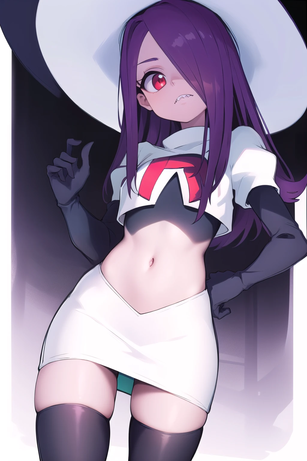 ((best quality)), ((highly detailed)), masterpiece, absurdres, (detailed eyes, deep eyes), (1girl), sucy_manbavaran, purple hair, long hair, hair over one eye, red eyes, makeup, eyeshadow, pale skin, small breasts, (sharp teeth), witch hat, team rocket,team rocket uniform,white skirt,red letter R,crop top,black thigh-highs,black elbow gloves