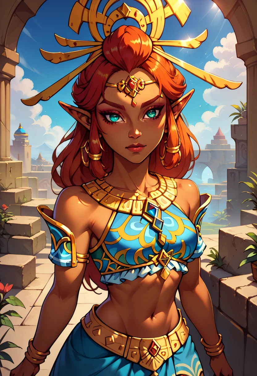 score_9, score_8_up, score_7_up, 1girl, High resolution, Very detailed, perfect lighting, beautiful detailed eyes, ((masterpiece,Best Quality)), absurdities, Alone,Riju Makeela: Gerudo Princess (The Legend Of Zelda: Tears of the Kingdom), dark skin, black skin