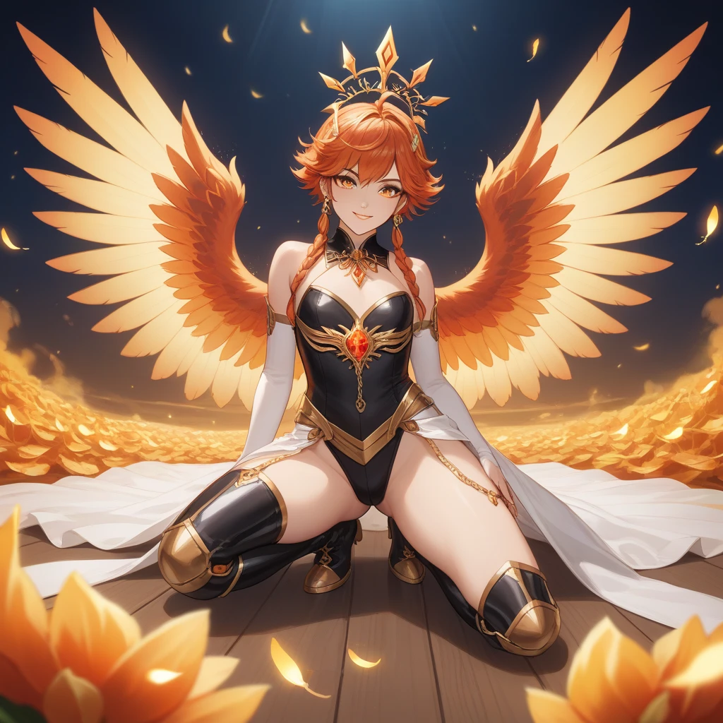 (Masterpiece, Best Quality, High Quality),volumetric lighting, illustration, beautiful,Kousaka honoka, cowboy shot, blue eyes, orange hair, white bodysuit, sexy, goddess wings, gold tiara,in wrestling ring, thighs , sexualised, pussy visible,(ass visible through thighs), (sweaty:1.2) , trembling, standing