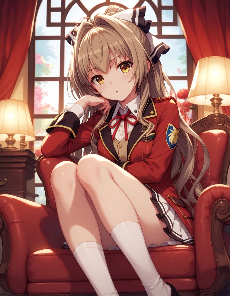 masterpiece,  best quality,  very sophisticated,  absurd,
 1 girl, Sento Isuzu, Amagi Brilliant Park ,  brown hair,  yellow eyes, Aguillette , Red coat,   neck ribbon ,  pleated skirt,  detailed background with white knee-high ,  Long Sleeve , uniform,  sleeve cuffs ,  arm-crossed, indoor, curtain, lamp, flower,  Window , Tassel, chair,