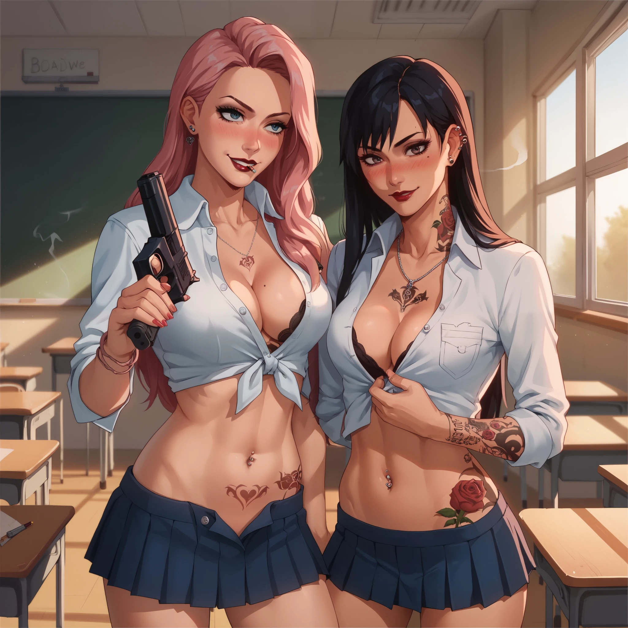 1girl, two girls, anime girls, ear piercing, long hair, blush, lipstick,Hot girl, baddie, smoking, sensual, attractive ,masterpiece, best quality, unbuttoned school uniform, cleavage, necklace, earrings, sexy body , micro skirt, smiling, navel , exposed belly, exposed navel,(nsfw) not safe for work,school,
classroom , hold a gun,knot, holding pistol, navel piercing, tattoo, tattoo midriff, rose tattoo,